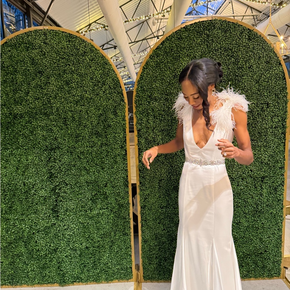 Mac Duggal White Feathered Maxi Dress